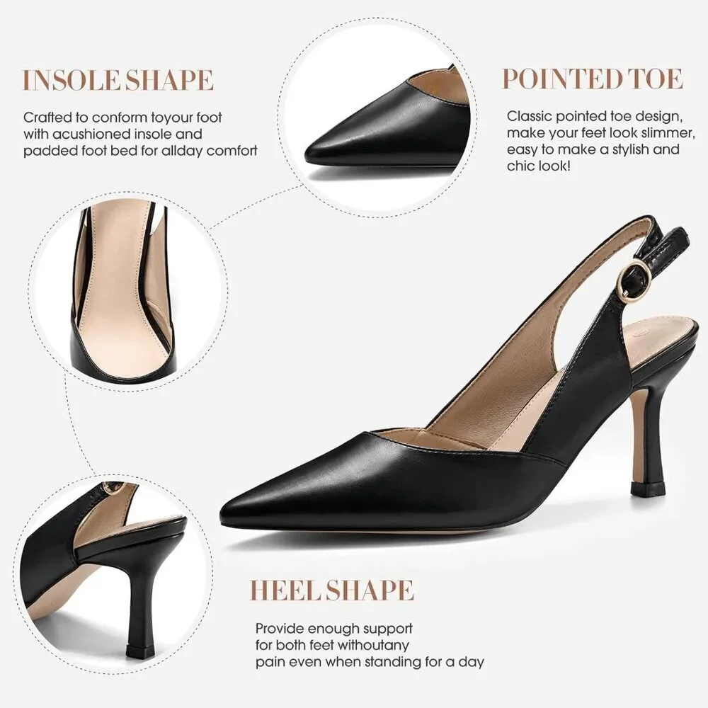 Women's Black PU Kitten Heels Closed Pointed Toe Wedding Party Dress Pumps